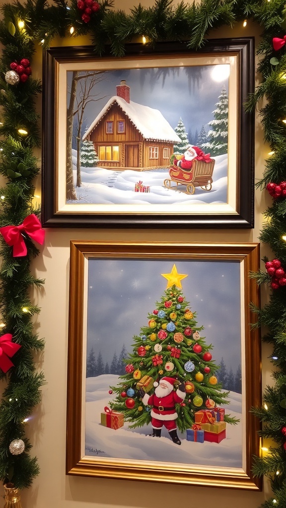 Three Christmas paintings: snowy cabin, Santa Claus, and Christmas tree, displayed together with holiday decorations.
